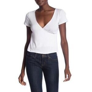 PST By Project Social T Women's Short Sleeve Surplice Top In White Size L